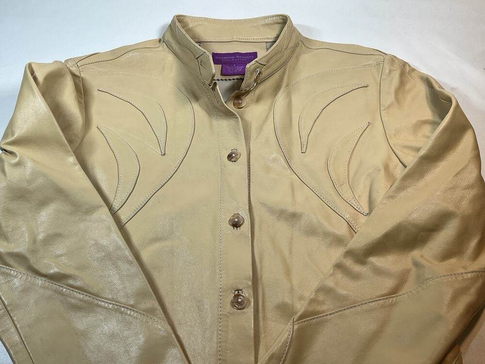 Suzanne Somers Collection Leather Jacket W Sz 8 Yellowish-Beige Western Applique